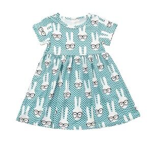 Teal Polka Dot Dress with Bunny Print